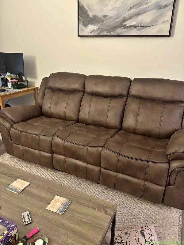 Brown Faux Leather Reclining Sofa with Drop-Down