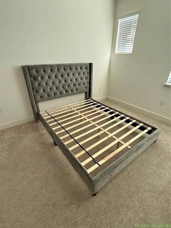 Queen Gray Velvet Wingback Bed Frame
