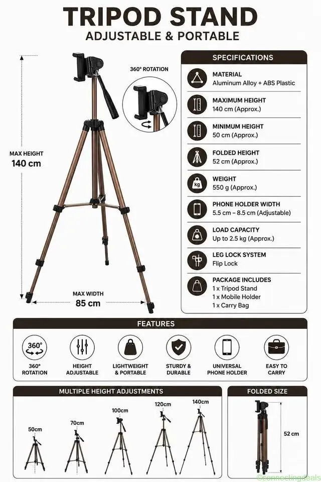 Premium Adjustable Mobile Tripod Stand with Phone