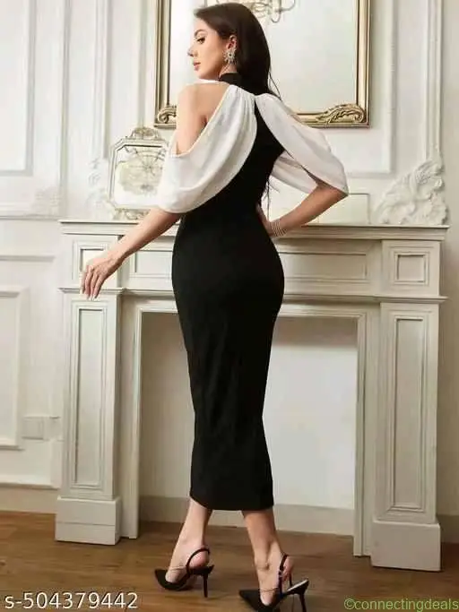 Black and White Cold Shoulder Midi Dress