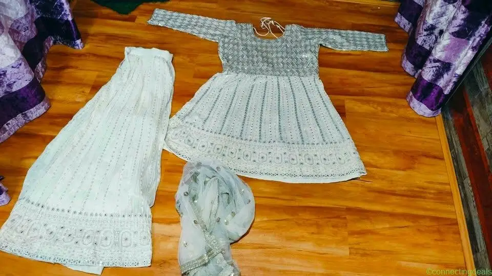 3 piece White knee length gown for party wear