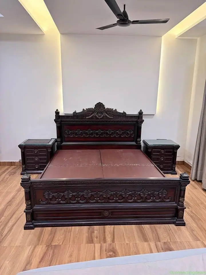 Premium Nagpur Teak Wood Royal King Bed + 2 Side - Image 1