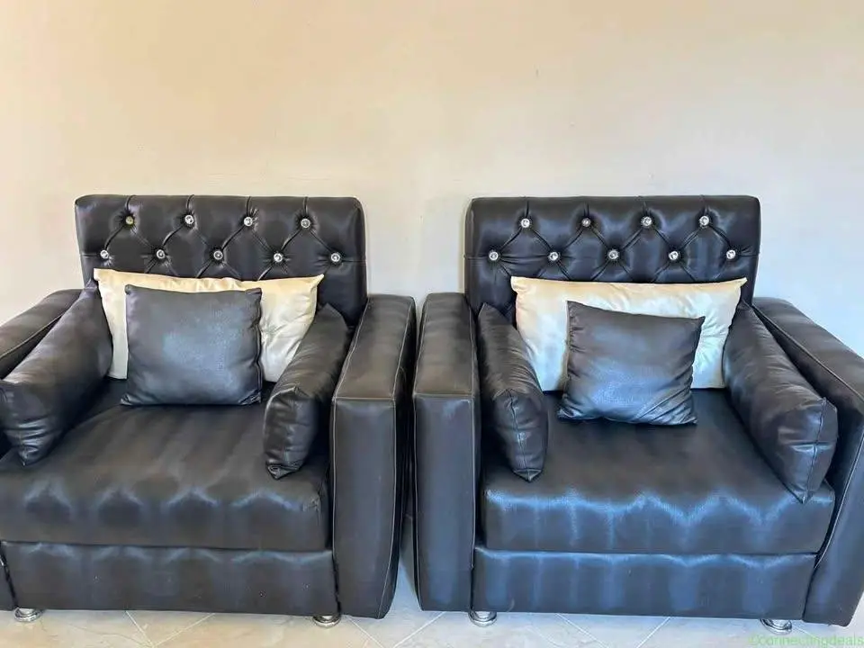 2canapés en similicuir noir avec des coussins