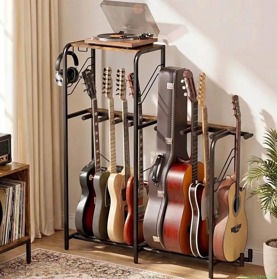 Multi-Instrument Guitar Stand with Storage Shelf