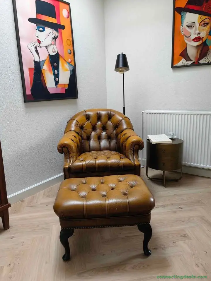 Chesterfield lænestol med skammel – ægte læder