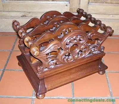 Carved Wooden Magazine Rack with Drawer