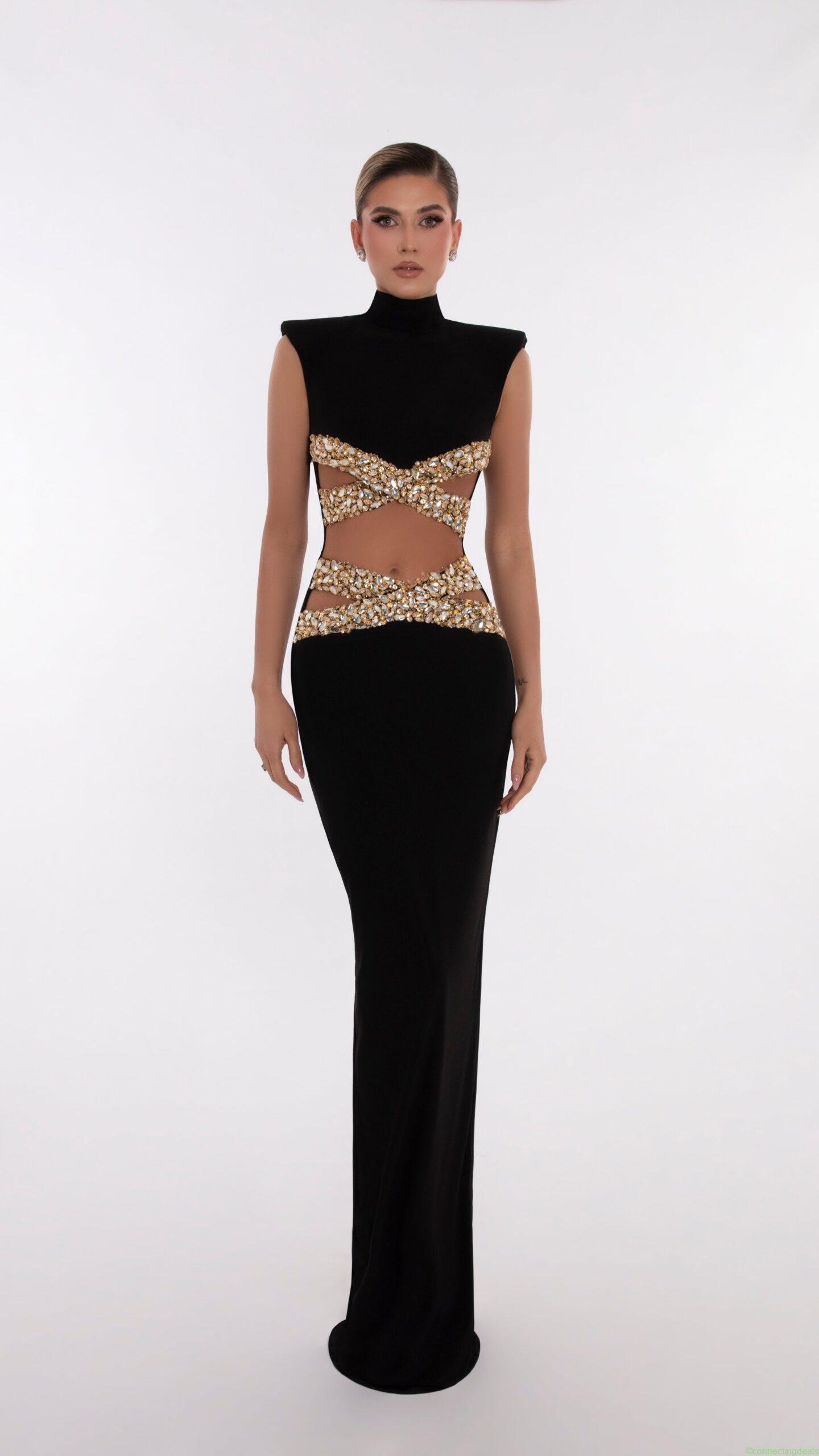 free ads Gold X Beads Embellished Black Dress