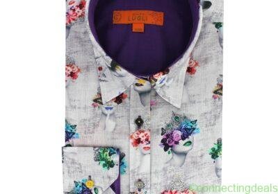 claudio-lugli-womens-grey-artistic-faces-satin-cotton-shirt-rare-7305057
