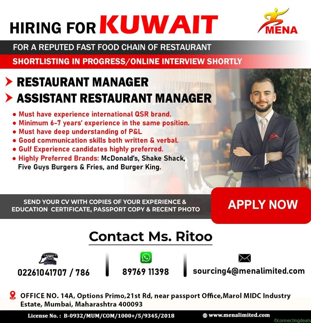 We’re hiring Restaurant Managers & Assistant Managers for a leading international QSR brand in Kuwait!