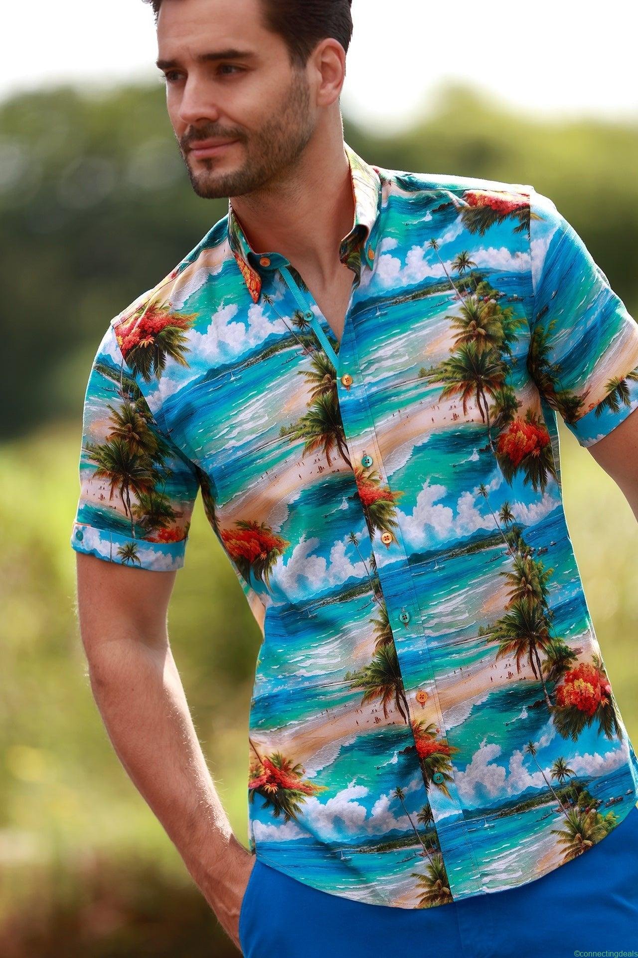 HAWAIIAN BEACH PRINT SHORT SLEEVE SHIRT