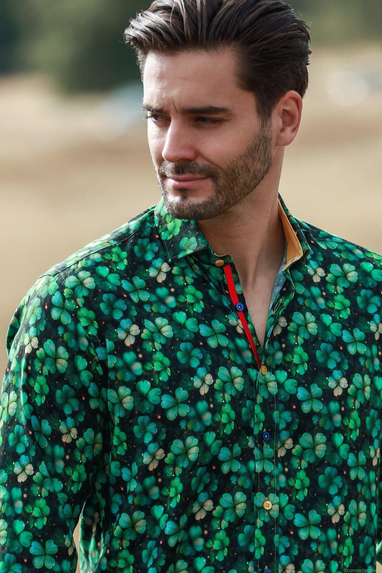 TENCEL FOUR LEAF CLOVER EMERALD PRINT SHIRT
