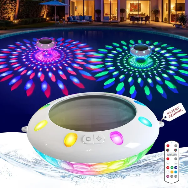 AearKing Schwimmende Poolbeleuchtung mit Fernbedienung, Fließender Solar-Poollicht mit RGB-Lichteffekten, Ober- und Unterfarbe – 51% Rabatt