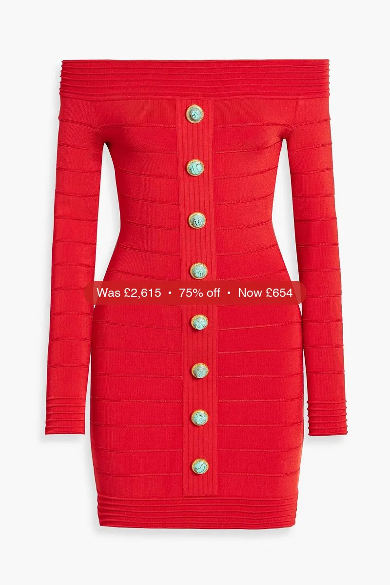 BALMAIN Off-the-shoulder stretch-knit mini dress – 75% Off