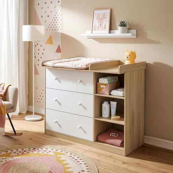 Beldinupp Wickeltisch mit 3 Schubladen und 3 Regalen, 93 x 110 x 55 cm Kommode mit Entfernbarem Wickelunterlage – Best Deal
