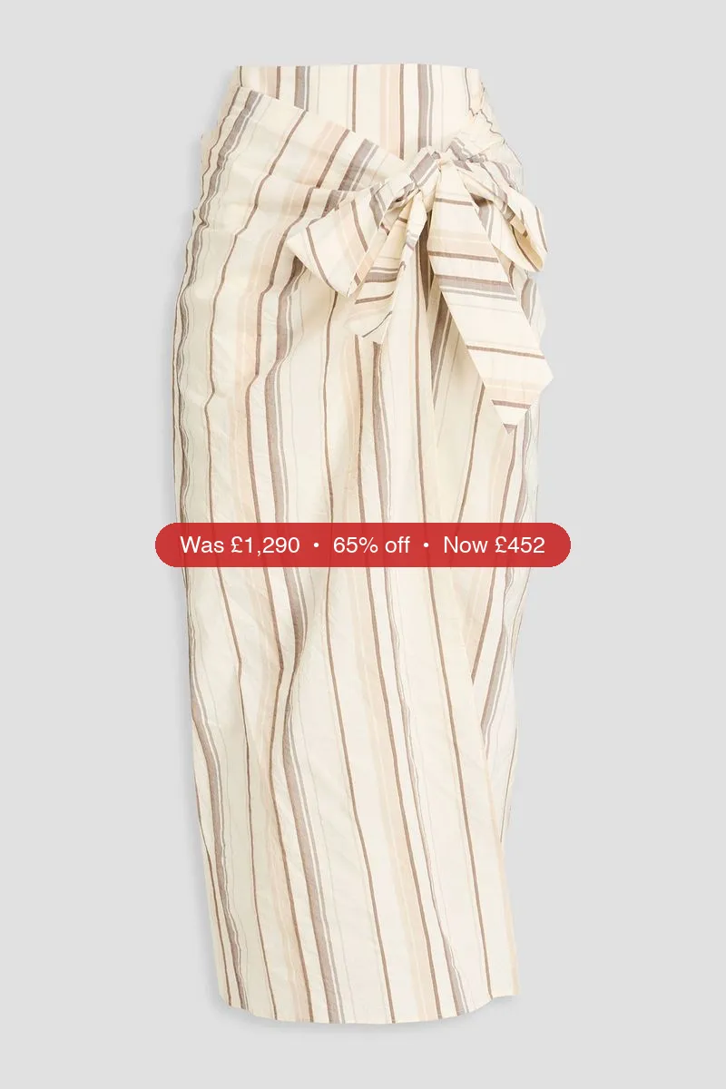 BRUNELLO CUCINELLI Wrap-effect striped cotton and linen-blend midi skirt – 65% Off