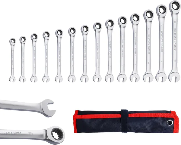 CCLife 14-teiliges Ratenschlüsselset, Ringratenschlüssel, Offenendschlüssel 6-22 mm, Cr-V 72 Zähne, Werkzeugset für Autoinstandhaltung