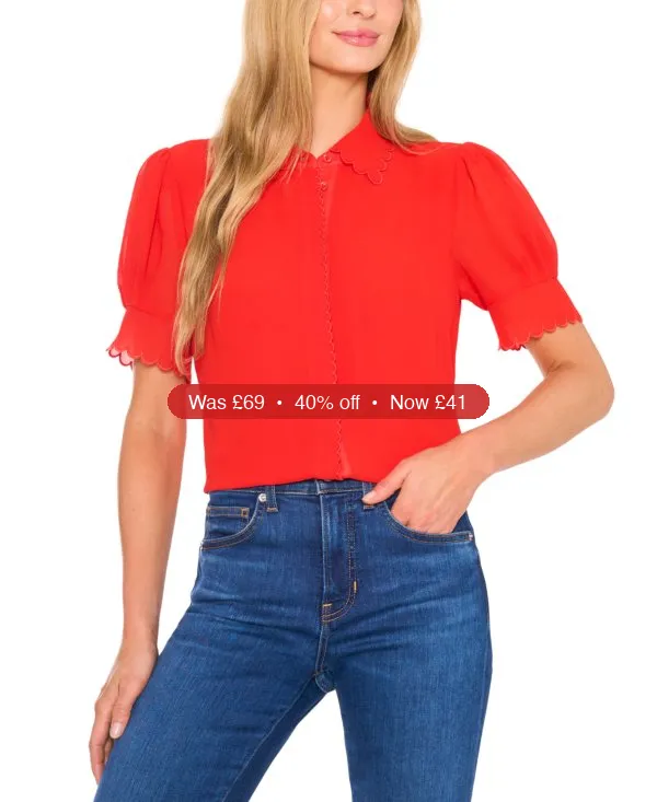 CeCe Women’s Scalloped Puff-Sleeve Button-Front Top – 40% Off