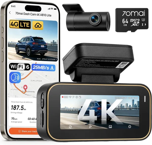 free ads 70mai A810 Lite Car Dash Cam 4K+1080P con WiFi 5GHz, GPS, 4G LTE, Visione notturna HDR, Parcheggio 24/7
