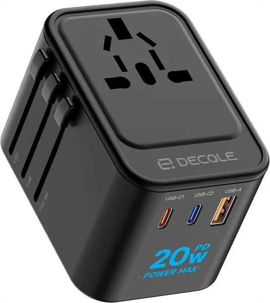 free ads Adaptateur universel Decqle, 2 ports USB-C et 1 port USB-A, adaptateur de voyage international AC, France vers USA, UK, EU, AU