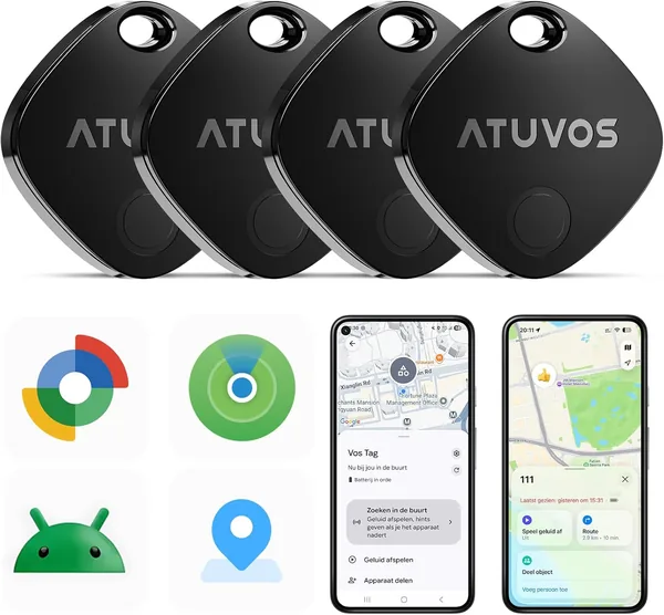 free ads ATUVOS Slimme Tracker Air Tag Dubbel Systeem Set van 4 met Google Compatibiliteit voor Apple Find My en Android Find Spot APP