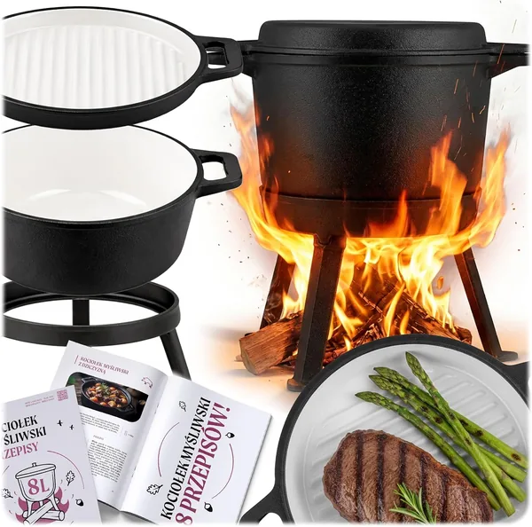 free ads Berdsen Żeliwny Kociołek Myśliwski 8l – Emaliowany Garnek na Ognisko i Grill z Dwustronnym Wiekiem, Patelnią i Trójnógem