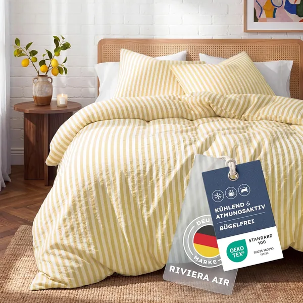 free ads Blumtal Premium Seersucker Bettwäsche 135×200 cm + 80x80cm – Oeko-TEX zertifiziert, Baumwolle Bettwäsche luftig leicht V
