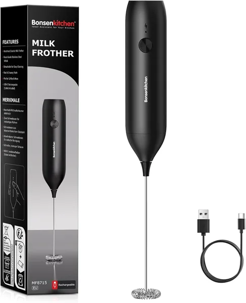 free ads Bonsenkitchen Akku Milchaufschäumer, Elektrischer Milchaufschäumer, Handheld Milchaufschäumer, Perfektes Geschenk für Kaffeeliebhaber, Schwarz