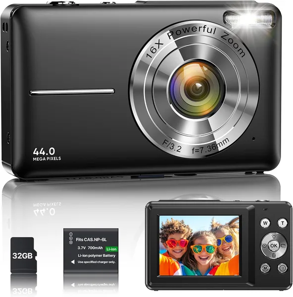 free ads Cámara Digital 1080p 44MP para Vlogging, Compacto y Portátil con Pantalla de 2.4″ y Zoom de 16x – Anti-Vibración