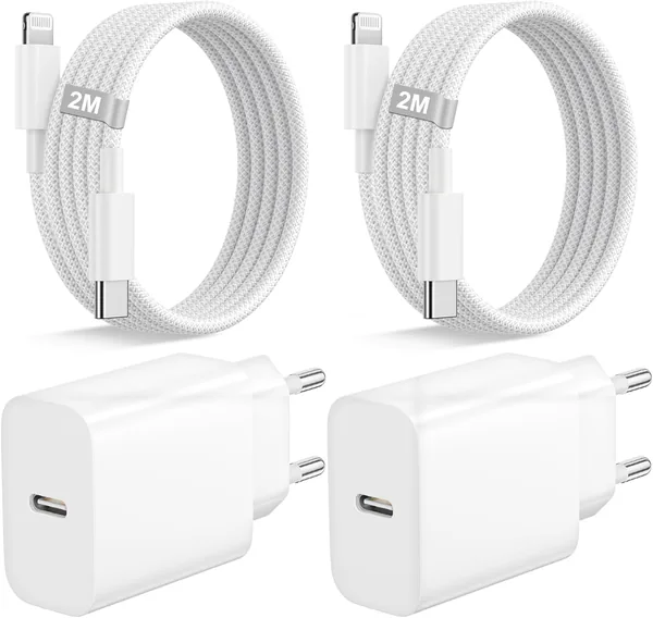 free ads Chargeur rapide iPhone 25W x 2 avec câbles Lightning 2m en nylon tressé [Certification MFi], adaptateur chargeur USB C vers Li
