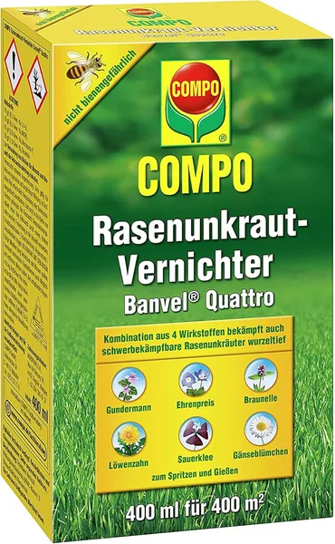 free ads Compo Banvel Quattro Rasenunkrautvernichter (Nachfolger von Banvel M), Bekämpft hartnäckige Unkräuter im Rasen, Konzentrat, 400 ml (400 m²)