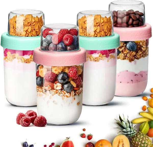 free ads ComSaf Kubek na Musli 4 szt., 480 ml ze Szklanego Pojemnika z Górną Przegródką 120 ml, Dwuwarstwowy Kubek na Jogurt – Best Deal