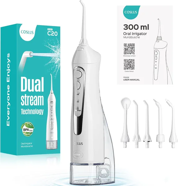 free ads COSLUS C20 Water Flosser خيط مائي خيط تنظيف المياه للعناية بالأسنان واللثة، لاسلكي، خزان مياه كبير،