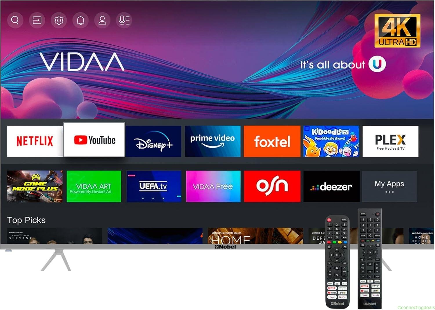 free ads تلفزيون نوبل 75 بوصة 4K UHD ذكي بلا إطار مع Android 13، HDR، HDMI، USB – أفضل سعر!