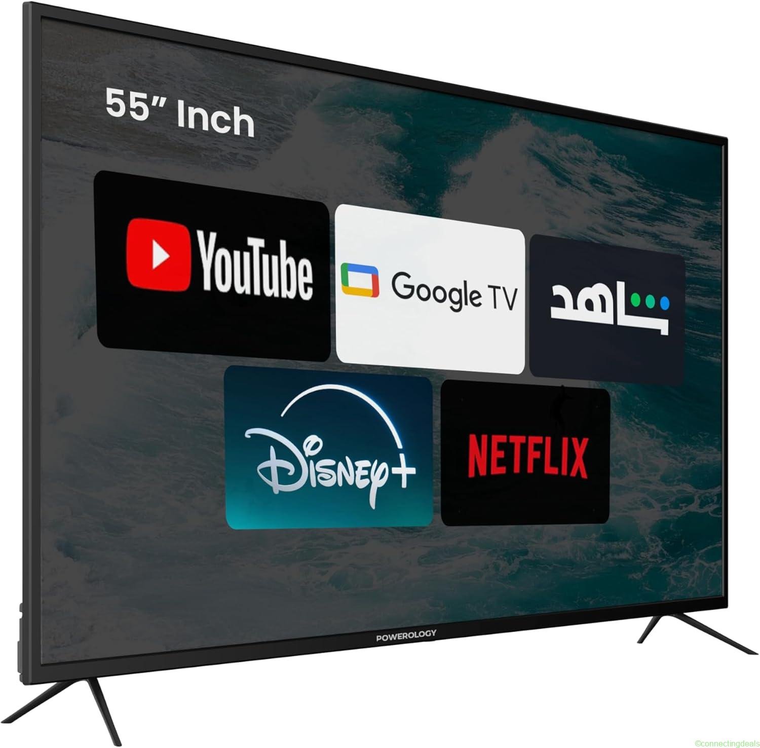 free ads تلفزيون Powerology ذكي 55 بوصة 4K، Android TV، واي فاي، بلوتوث – أفضل سعر