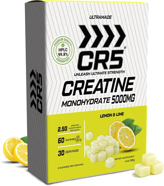 free ads جيلي كرياتين مونوهيدرات ULTRAMADE CR5، 5000 ملغ لكل جرعة، 60 جيلي، 30 جرعة، نقاء HPLC 99.8% (ليمون وليمّون الأخضر)