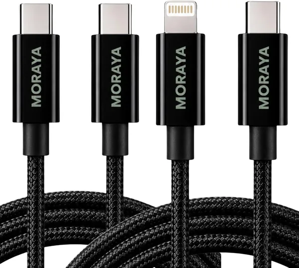 free ads حزمة كابلات مورايا 60 واط من USB-C إلى USB-C و USB-C إلى Lightning، شاحن سريع من النايلون مقوى Type-C لهاتف iPhone 1