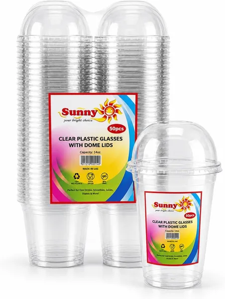 free ads كؤوس بلاستيكية شفافة مع أغطية نصف كروية، 14 أوقية (عبوة من 50) – أكواب مشروبات باردة قابلة لإعادة الاستخدام للقهوة المثلجة والعصير وغيرها