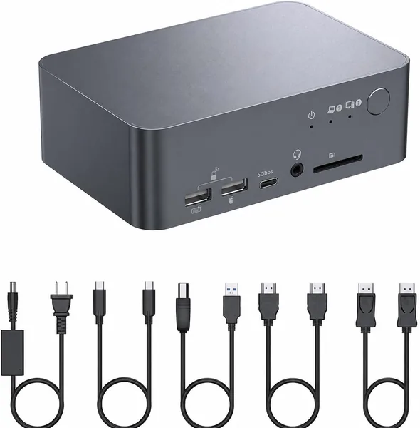 free ads محطة تكبير USB-C مع مفتاح KVM لدعم شاشتين، 4K@60Hz، محاكاة EDID، 3 منفذ USB 3.0، إيثرنت، 60W توصيل بالطاقة
