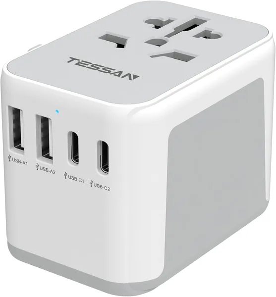 free ads محول السفر تيسان العالمي مع منفذين USB-C ومنفذين USB-A، محول كهربائي عالمي من المملكة المتحدة إلى العالم، دولي T
