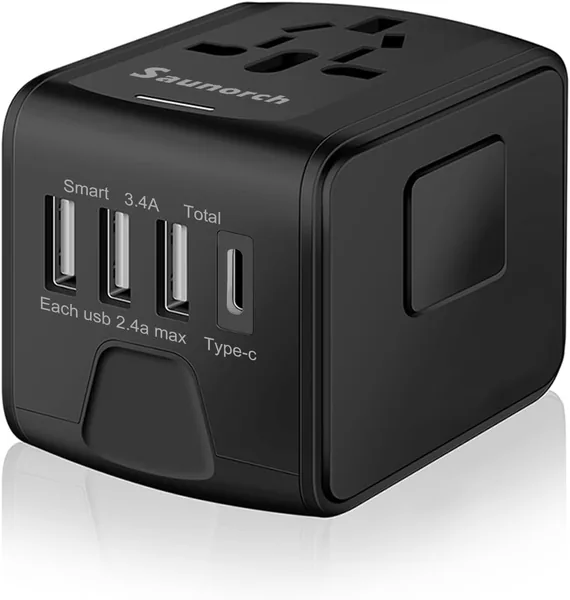 free ads محول طاقة عالمي SAUNORCH للسفر مع منفذ USB-A وUSB-C عالي السرعة، شاحن جداري 3.0A، محول أوروبي، تخفيض 47% – أفضل سعر على أمازون