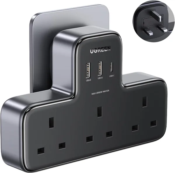 free ads محول طاقة UGREEN 6-in-1 مع منفذين AC وPD30W (2 Type-C، 1 USB-A) – حماية من الإفراط في التحميل – سلك تمديد، 30% خصم