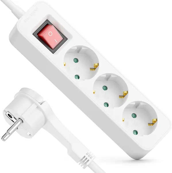 free ads DeleyCON 3-weg stroomkabel met platte stekker – 3 meter kabel – met aan/uit schakelaar – ideaal voor achter meubels, meerdere stopcontacten