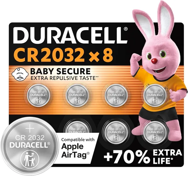 free ads Duracell CR2032 3V Baterías de Litio Coin Cell (8-Pack) – Hasta un 70% de Vida Extra – Tecnología Baby Secure – Para Apple AirTag, R