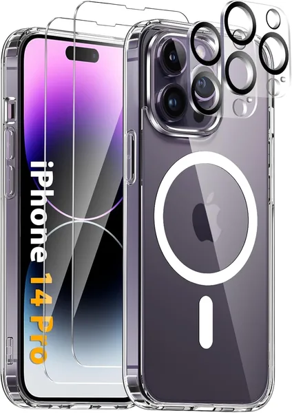 free ads Étui magnétique Vuletc pour iPhone 14 Pro avec 2 verres trempés et 2 protections de caméra, compatible MagSafe, anti-