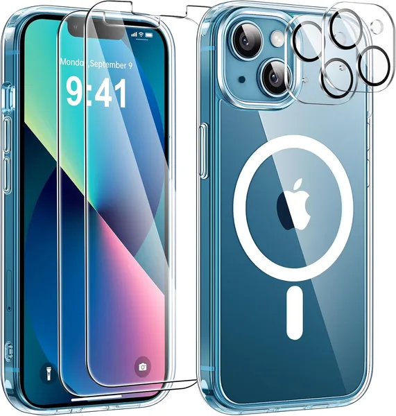 free ads Étui magnétique YisrLery 5 en 1 pour iPhone 13 avec 2 verres trempés et 2 protections de caméra, compatible MagSafe