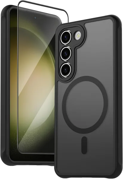 free ads Étui Mat Magnétique YLK pour Samsung Galaxy S23 avec 1 Verre Trempé, Étui de Protection avec Mag-Safe, Résistant aux Chocs (Noir)