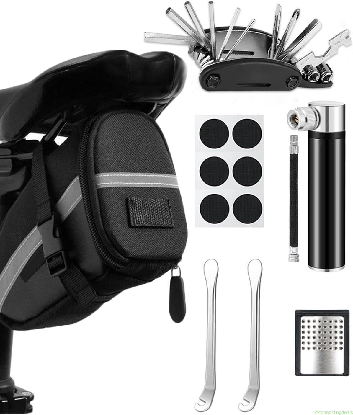 free ads Fahrradreparaturset mit Sattelbeutel, 16-in-1 Fahrradmultitool + 120 PSI Mini Luftpumpe, Notfallwerkzeug für unterwegs