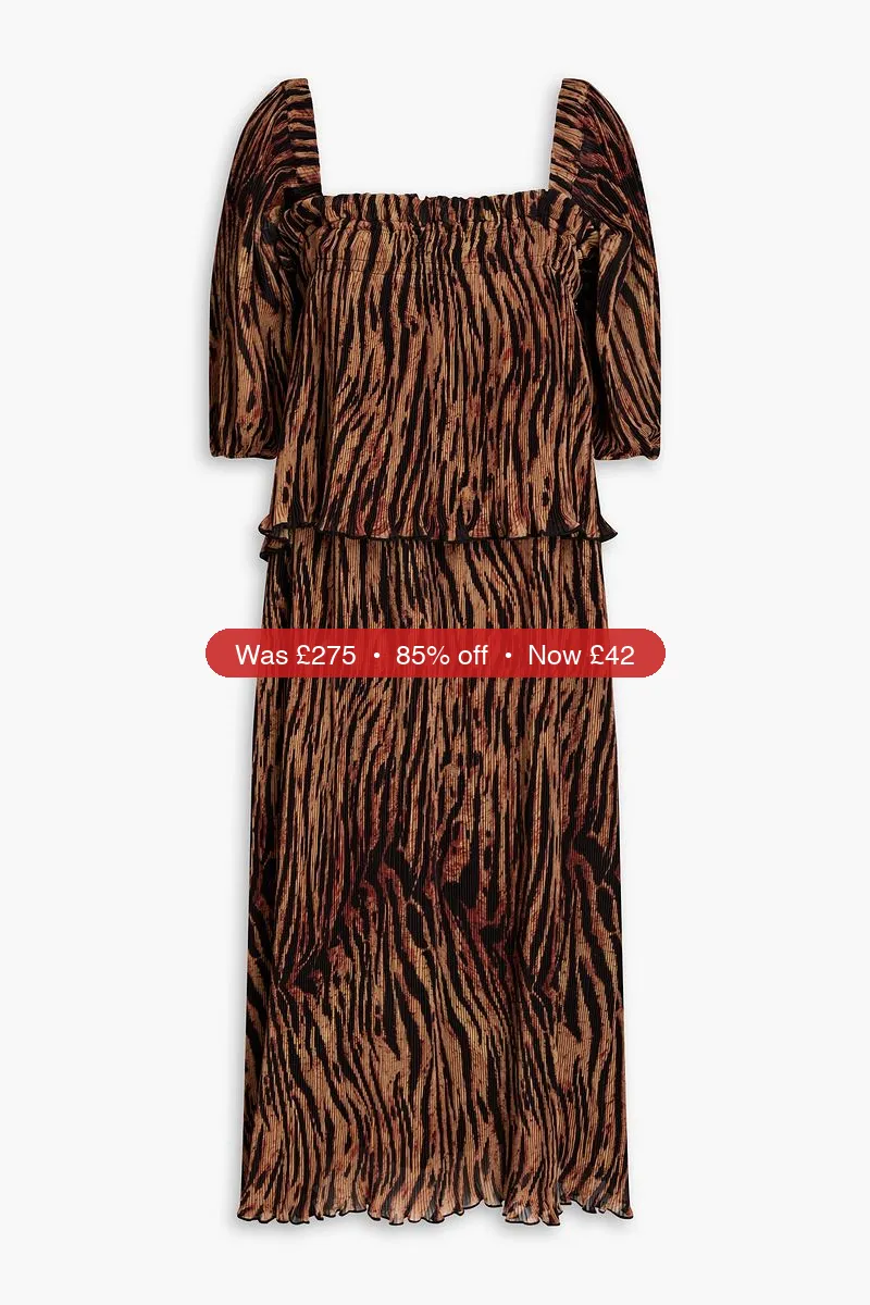 free ads GANNI Layered tiger-print plissé-georgette midi dress – 85% Off