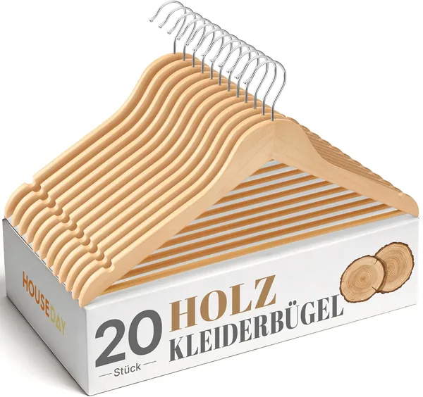 free ads HOUSE DAY Holz Kleiderbügel, Packung mit 20, Natürliche Holz Kleiderbügel mit 360° Drehhaken und Rutschhemmenden Zinken, Stabil