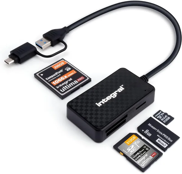free ads Integrerad 4-i-1 minnekortläsare med USB 3.2 och USB C-anpassare för microSD, SD, Compact Flash, MS Duo/Pro – för iPhone 15/16